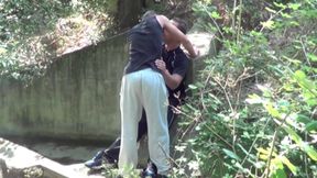 Sexy twink fucked by older in exhib cruising outdoor