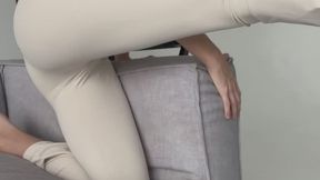 stretching in tight leggings cameltoe