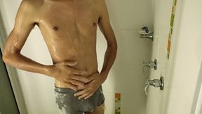 Latino Vergon Bathes with His Huge Hard Cock, Fills up with All His Milk