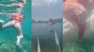 Asian student swims in the sea and plays with her pussy