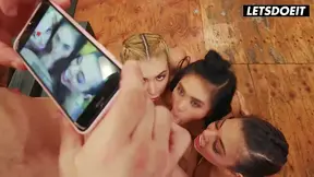 Asian babe gives sloppy handjobs and deepthroat in a messy reverse gangbang