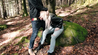 Risky Public blowjob in the forest in leather Jacket and Jeans. Polish Truu Couple