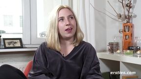 Blonde with natural tits fingers her hairy pussy up close in public