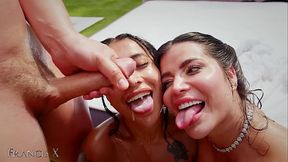 9 guys fuck 2 slutty brunettes in lingerie outdoors