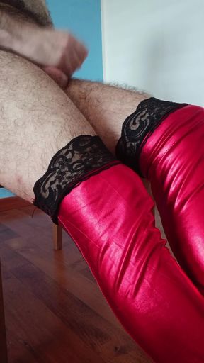 Wanking in shiny stockings