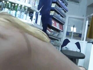 Priscilla gives a customer a fellatio at the cashier who doesn't know how to pay
