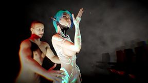 blue sex robot in a bdsm sex show challenge