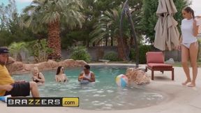 Busty gets titty fucked at pool party
