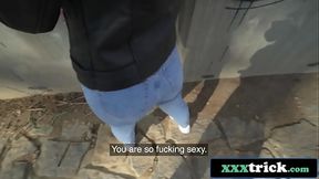 Busty blonde with tattoos deepthroats big dick in outdoor POV