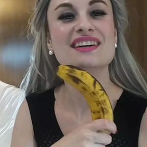 Horny blonde inserts her banana while her stepfather watches her