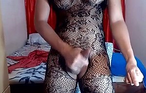 Asian shemale in stockings cums on cam