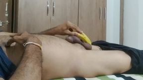Enjoyed My Cock with a Banana on the Bed