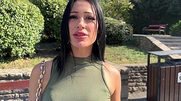 Brunette tourist with an angel face sucks my cock in the park