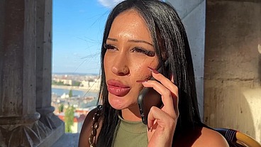 Brunette tourist with an angel face sucks my cock in the park