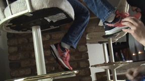 Red New Balance Barstool shoe and sock worship