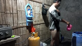 Naked kneeling slave in chastity cage feet joi