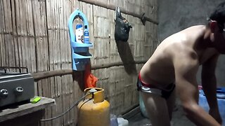 Naked kneeling slave in chastity cage feet joi