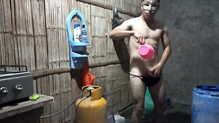 Naked kneeling slave in chastity cage feet joi