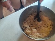 Naked kitchen. Pasta carbonara.