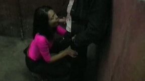 Playful brunette chic gives blowjob to aroused stranger