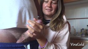 Cute amateur girl Camilla Moon gives handjob and jerkoff massage