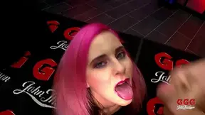 Teen blonde takes on a huge bukkake gang