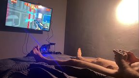 I'_m playing a video game and I'_m horny! I cum on my chest with a massive loads of cum!