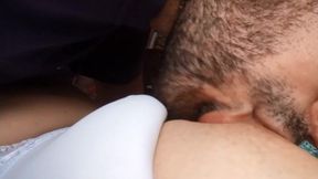 My husband continues to suck on my big tits and bite my big hard nipples