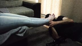 Foot worship for a woman in jeans