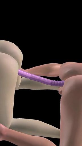 Animated 3D Porn - Beautiful Girl and Asian Man Double Dildo Doggy While Man Stroking
