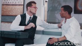 Handsome tall businessman anally fucks young hunky black gay