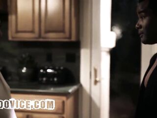 Pervy Ebony Stepdad Screws Stepson's Girlfriend in The Kitchen