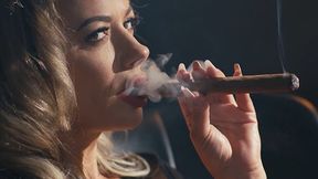 Hot Milf with big tits jerks off and blows job while lighting a thick cigar
