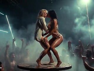 [AI-generated] Future Rave Erotic Party: Bare Pierced DJ Squeezing Her Breasts, Sexy Ravers Giving a kiss Wildly in Abandoned Factory