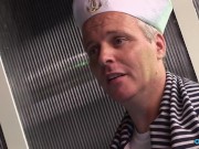 Horny sailor gets to fuck a brunette slut in various poses