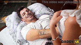 Stepdaddy Denis Marti watches stepdaughter's shaved pussy get plowed by rich stepdad's big cock