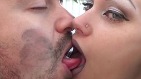 Covering Alex with khaki shiny lipstick kisses all over his face outdoor! + Little tongue play!