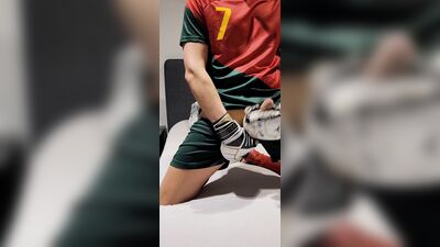 18 Soccer boy wanks and cums over his soccer shoes