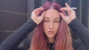 Long hair, smoking outdoor and flashing my big juicy boobs ...