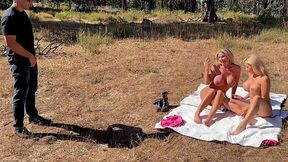 Sexy Buxom Blonde MILF Indulged In Crazy Outdoor 3-some With a Stranger After Having Some Lesbian Fun