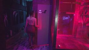 foxy slave in a bar wearing black pantyhose fucking herself with dildo