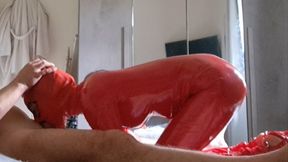 Milf in latex catsuit gives blowjob and swallows cum