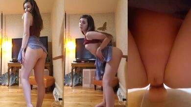Amateur brunette slides onto suction dildo bending tight skirt small tits