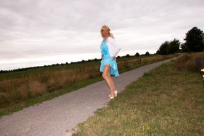 Daring Biking In Silk Underwear And Shiny Nylon Stockings