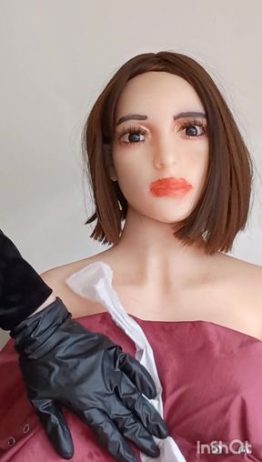Busty TPE sex doll nylon hairdressing cape fetish play
