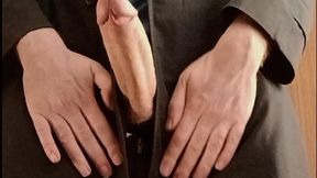 Hard day at work. Watch me stroke my long, thick white cock still in my coat, shirt and trousers