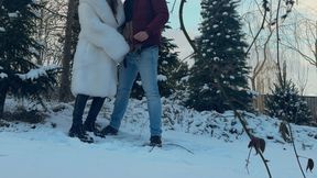 Quick Outdoor Fuck on Snow in a Snow-white Fur Coat