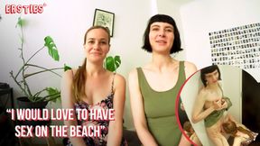 Amateur girls Delfine and Sally make out and lick each other's vaginas in a dressing room
