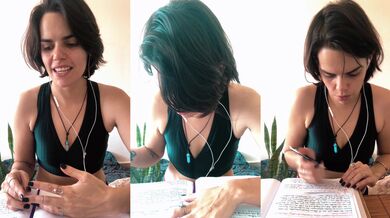 Cute classmate nerdy student teacher milf taught me German till she choked