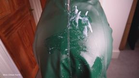 Slave is Smothered Then Cums On Mistress's Green Leather Dress